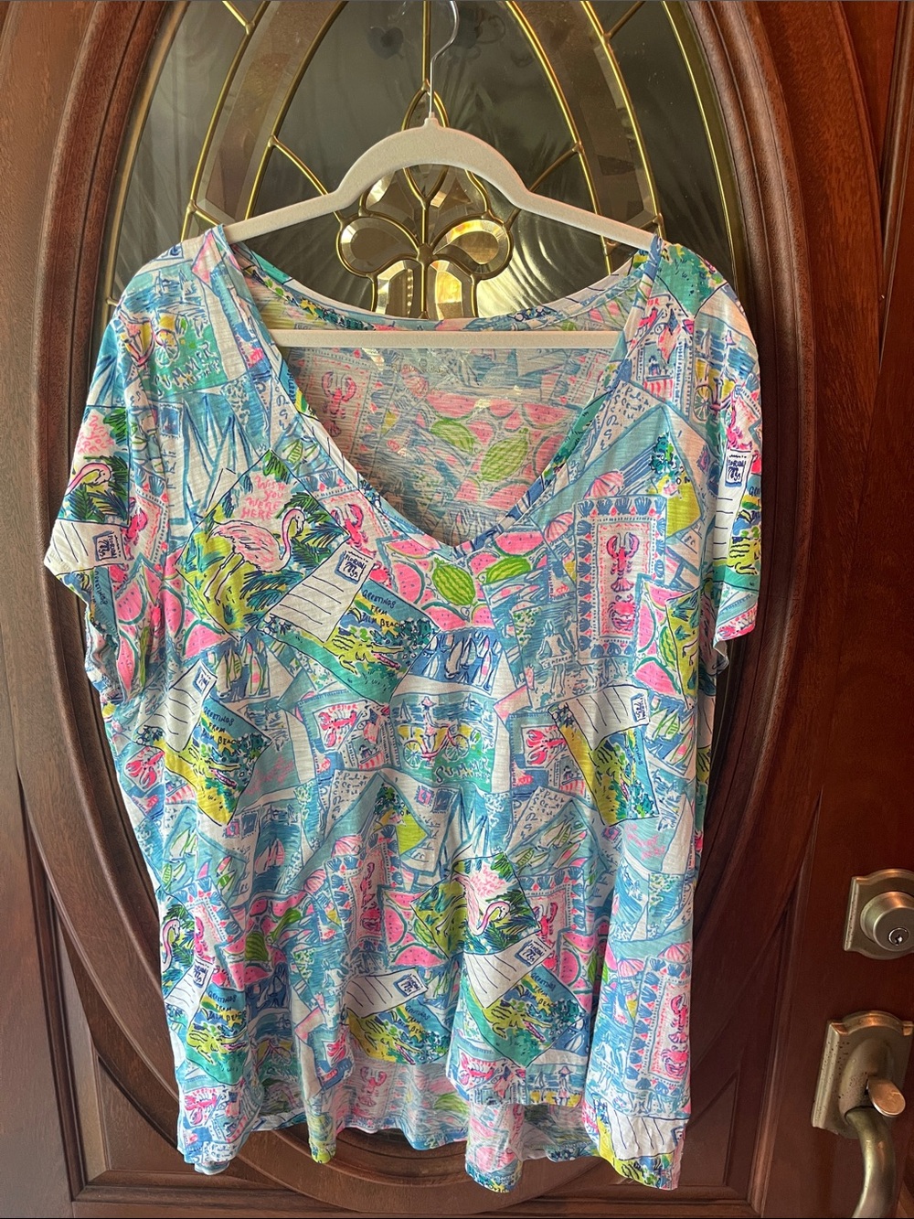 Lilly Pulitzer Women’s V-Neck Floral Patchwork Print Top - Blue & Pink